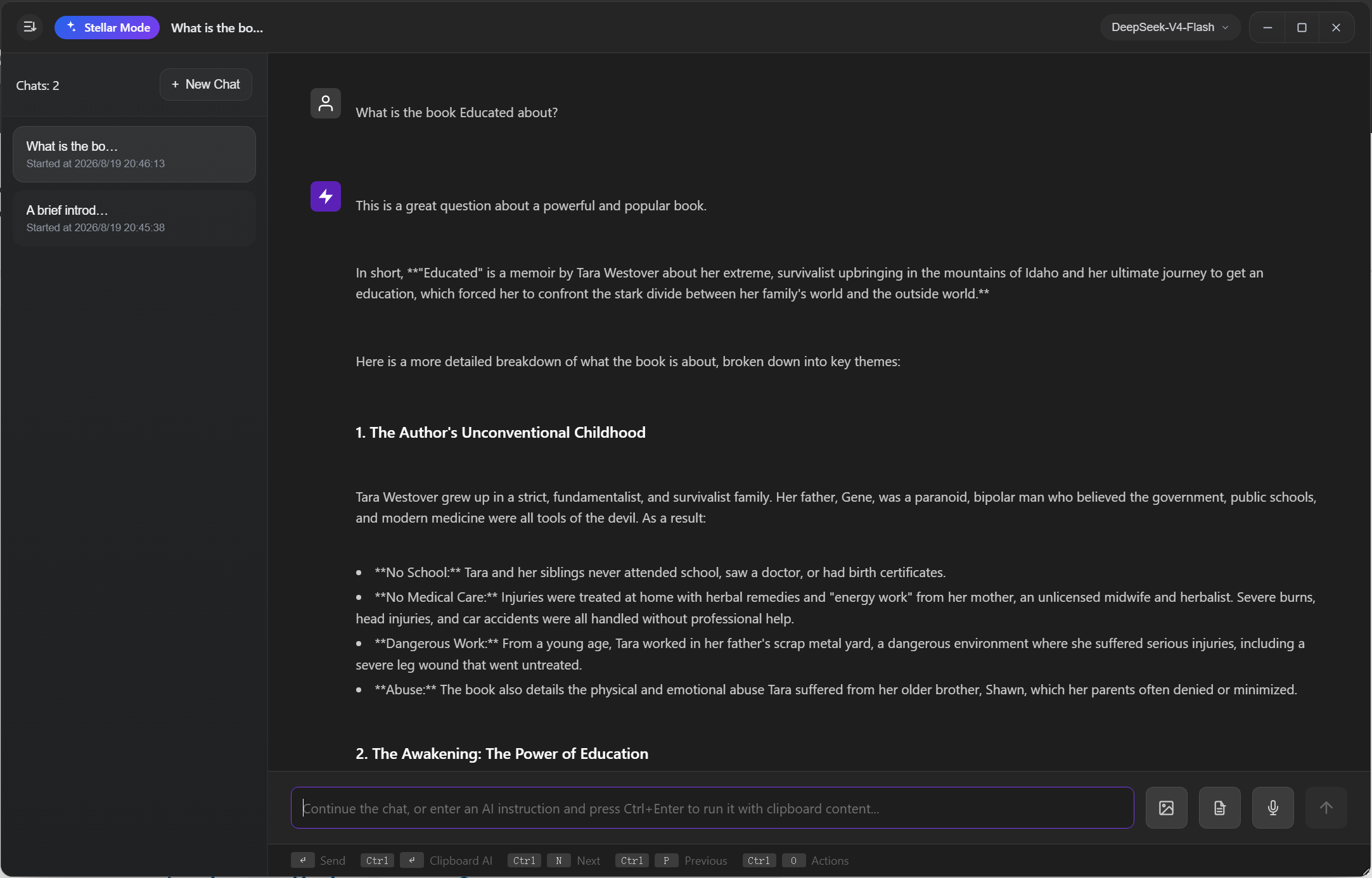 Stellar Mode example: sidebar chat list with multi-turn conversations