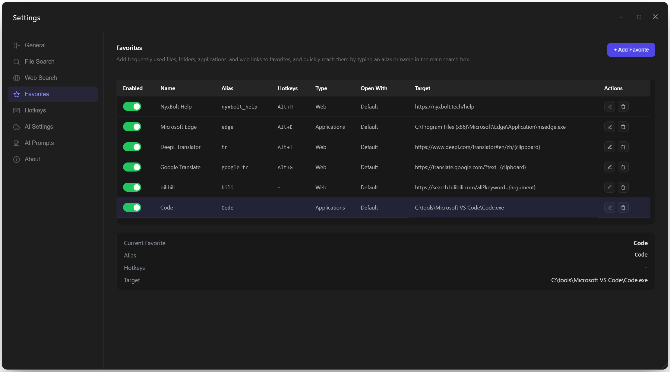Settings page: favorites management
