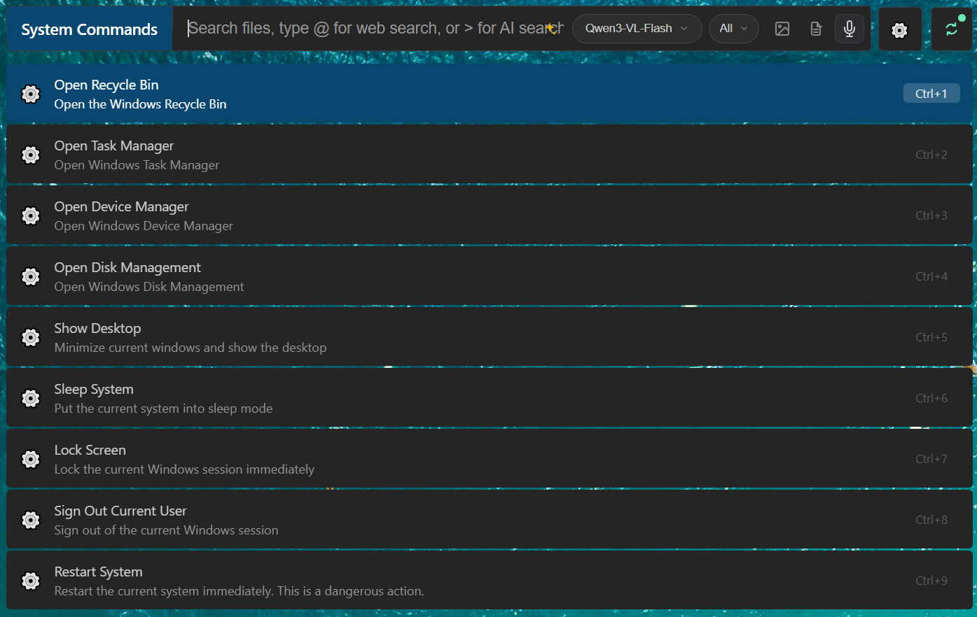 System commands example: typing sys: lists matching system commands