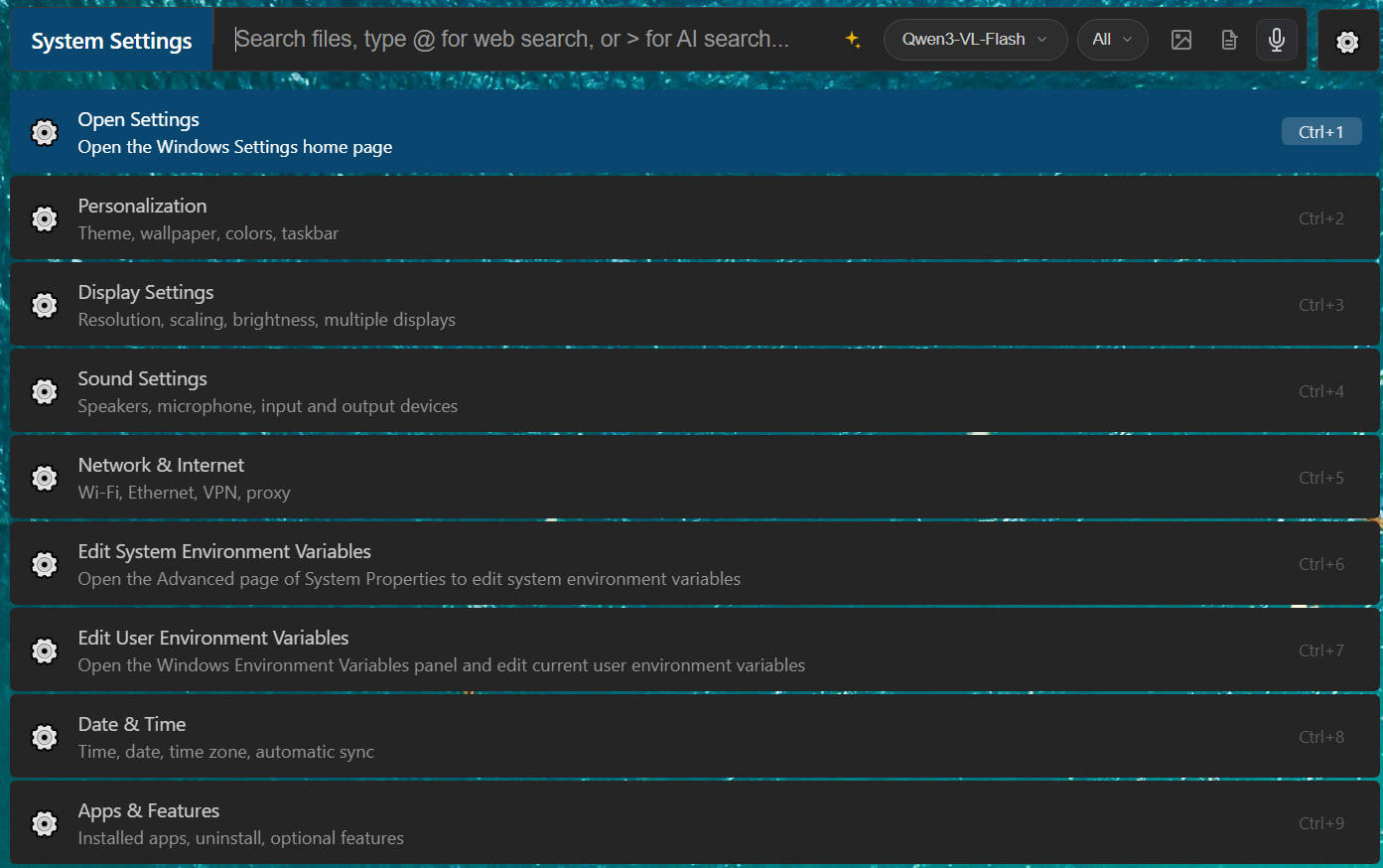 System settings example: typing set: lists matching settings pages