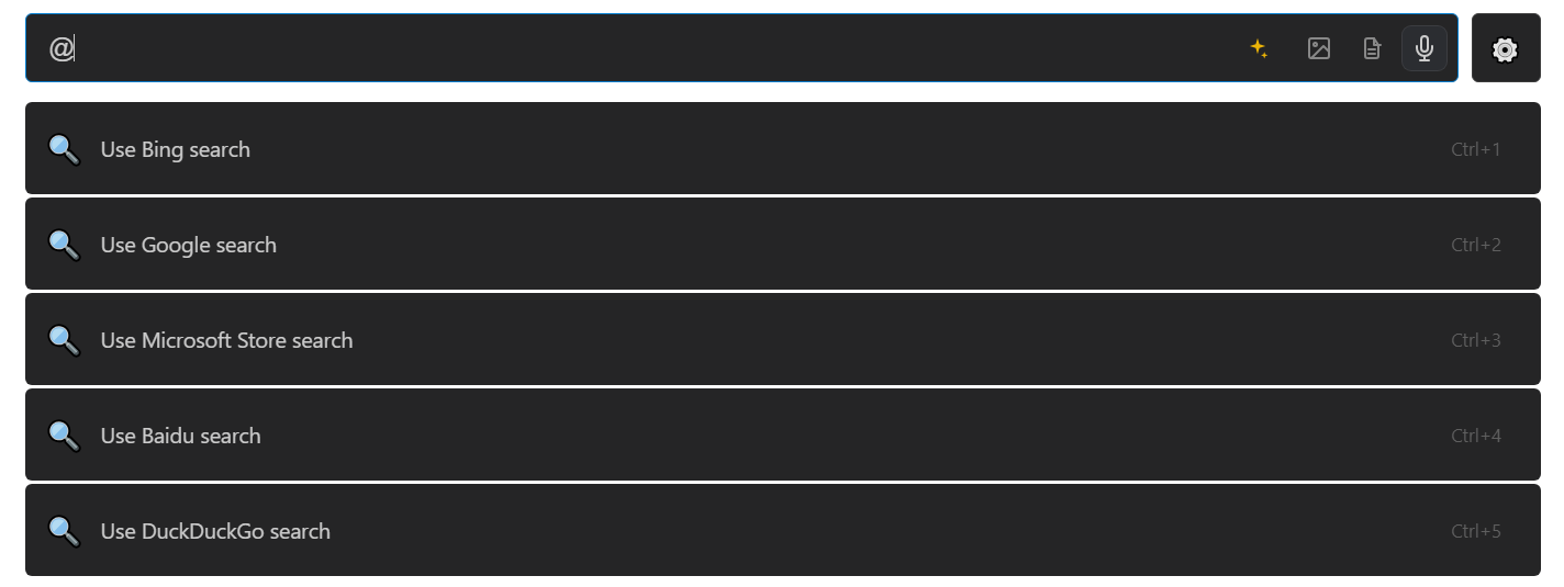 Web search example: typing @ lists the available search engines